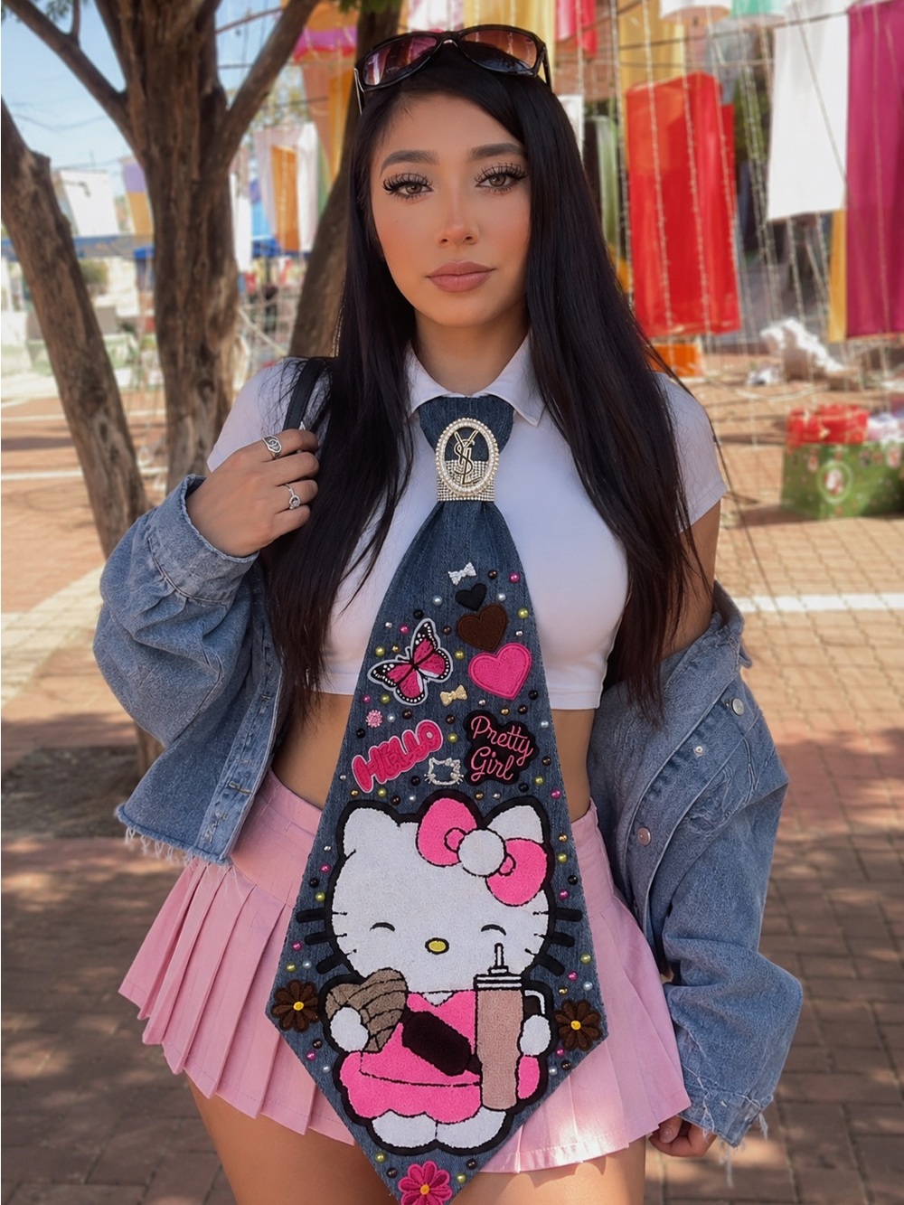 XXL Hello Kitty Denim Junk Statement Tie with Pink Accents